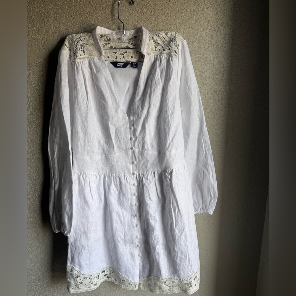 Lands' End romantic linen mini long sleeve dress sz S/P coastal flirty summer